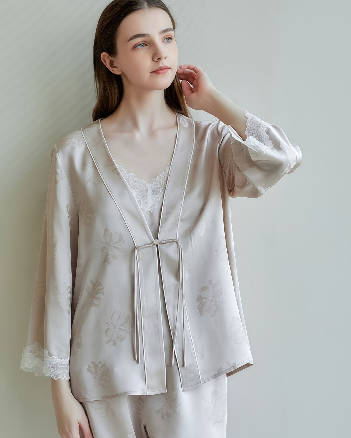 FEELITS 100% 6A Grade Mulberry Silk Pajama Set - 19mm Silk with Lace Design - Camisole & Long Pants with Elegant Print - Comfortable & Relaxed Loungewear Set - FEELITS