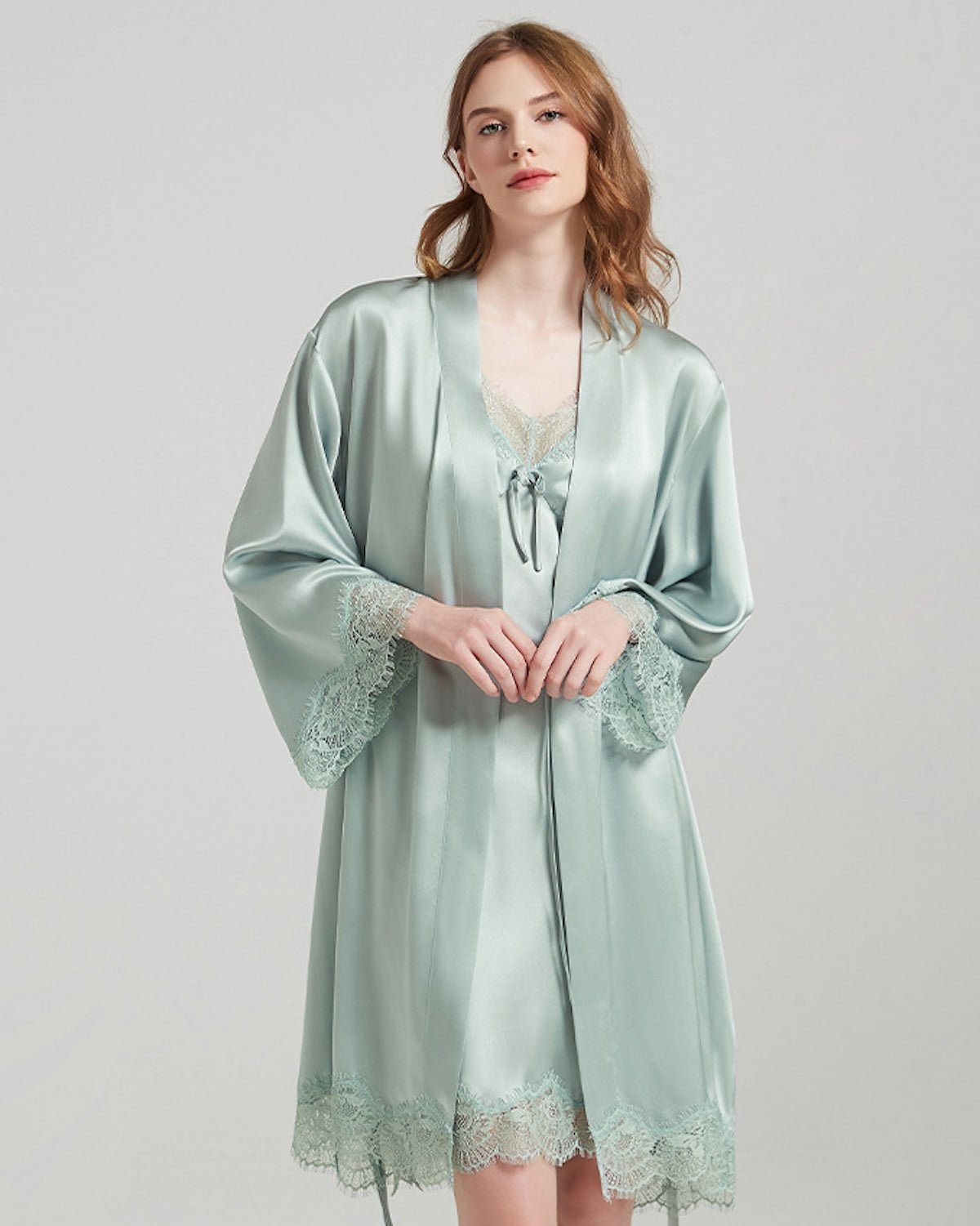 FEELITS 100% 6A+ Mulberry Silk Lace Slip Dress & Robe Set with Lace Trim – Luxury Bridal, Honeymoon Sleepwear & Everyday Loungewear - FEELITS