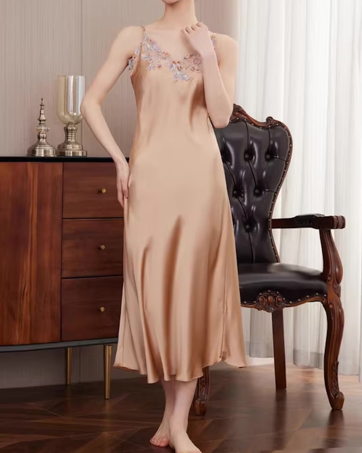 FEELITS 100% Mulberry Silk Bridal Cami Set, Midi Slip Dress, Long Silk Nightdress, Midi Robe and Full - Length Silk Bridal Robe – Golden Champagne & Blush Pink - FEELITS