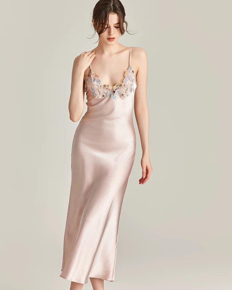 FEELITS 100% Mulberry Silk Bridal Cami Set, Midi Slip Dress, Long Silk Nightdress, Midi Robe and Full - Length Silk Bridal Robe – Golden Champagne & Blush Pink - FEELITS