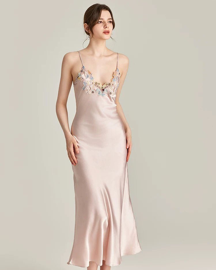 FEELITS 100% Mulberry Silk Bridal Cami Set, Midi Slip Dress, Long Silk Nightdress, Midi Robe and Full - Length Silk Bridal Robe – Golden Champagne & Blush Pink - FEELITS