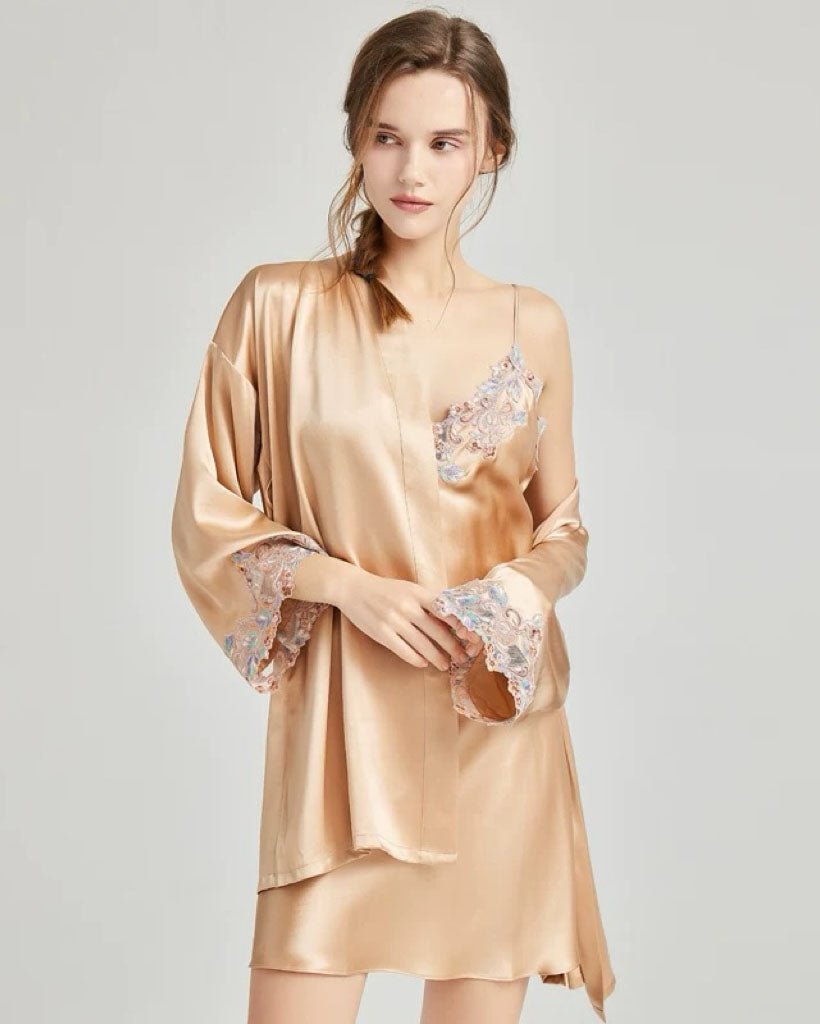 FEELITS 100% Mulberry Silk Bridal Cami Set, Midi Slip Dress, Long Silk Nightdress, Midi Robe and Full - Length Silk Bridal Robe – Golden Champagne & Blush Pink - FEELITS