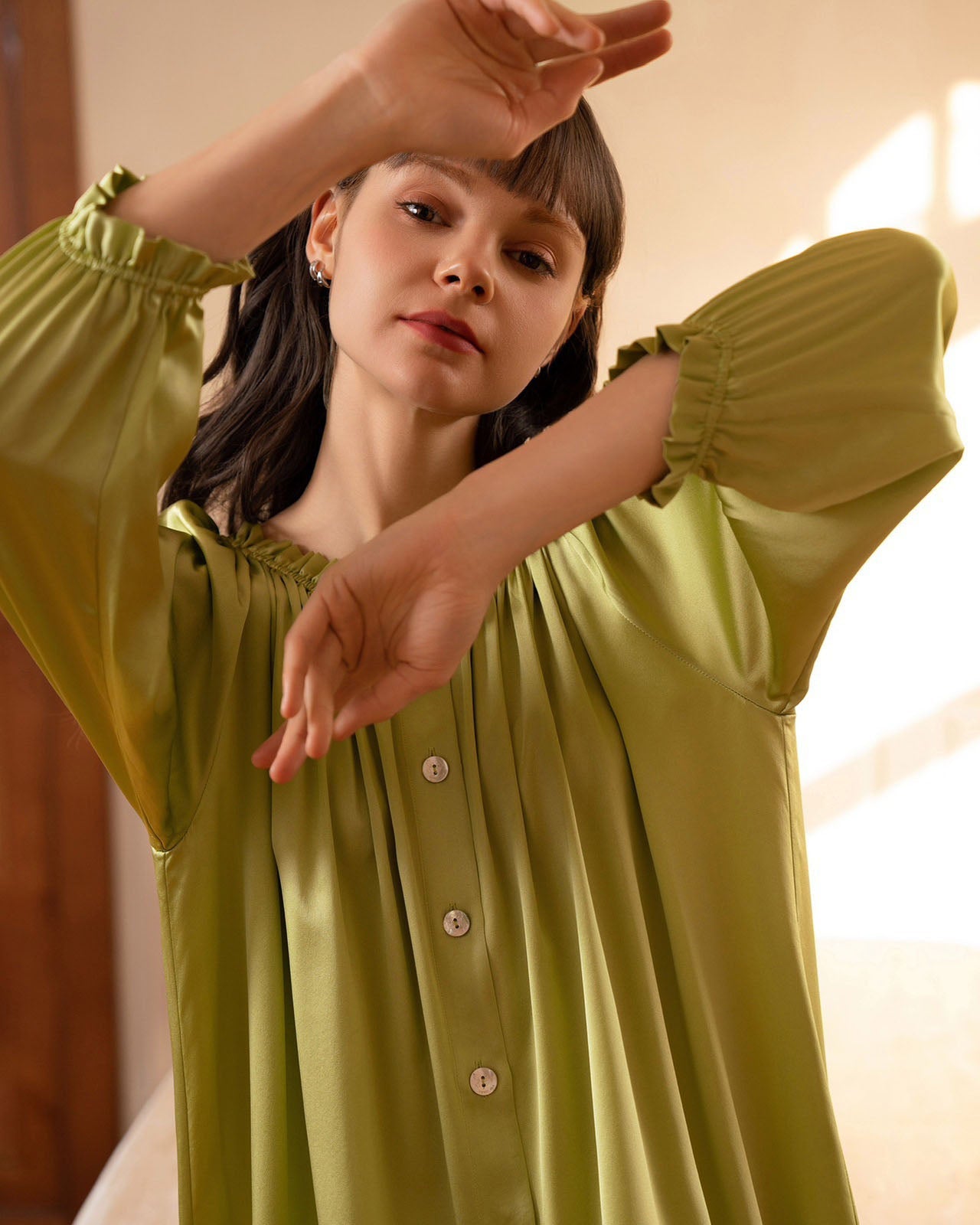FEELITS 100% Mulberry Silk Bridal Robe & Lounge Nightdress – Vintage French Off - Shoulder Slip Gown - FEELITS