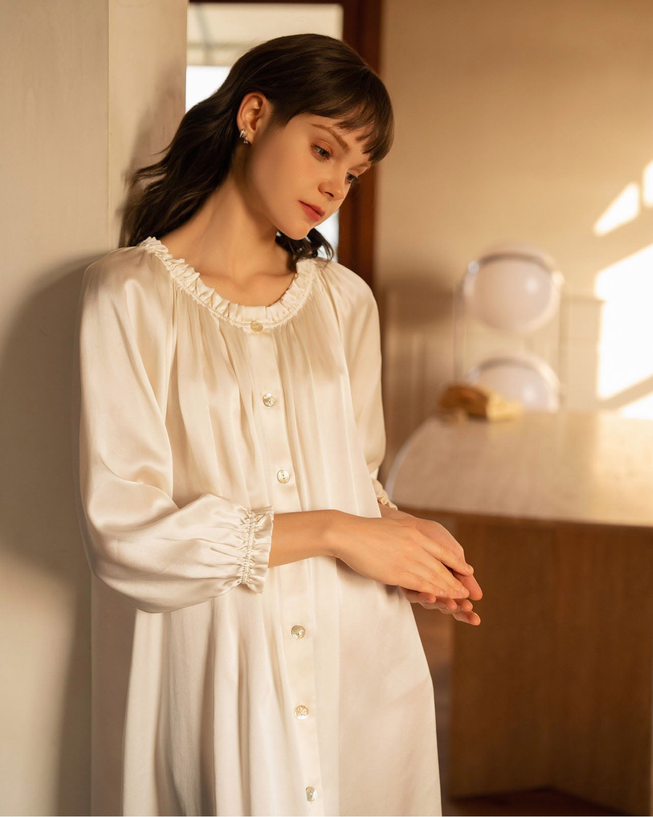 FEELITS 100% Mulberry Silk Bridal Robe & Lounge Nightdress – Vintage French Off - Shoulder Slip Gown - FEELITS
