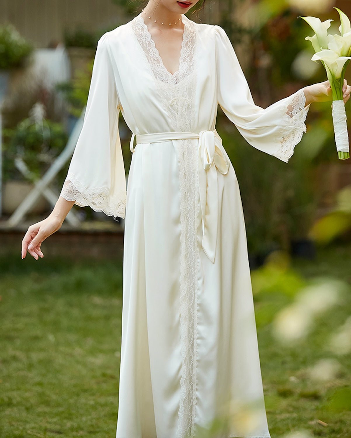 FEELITS 100% Mulberry Silk Lace - Trim Robe | Elegant Champagne Beige Bridal & Loungewear - FEELITS