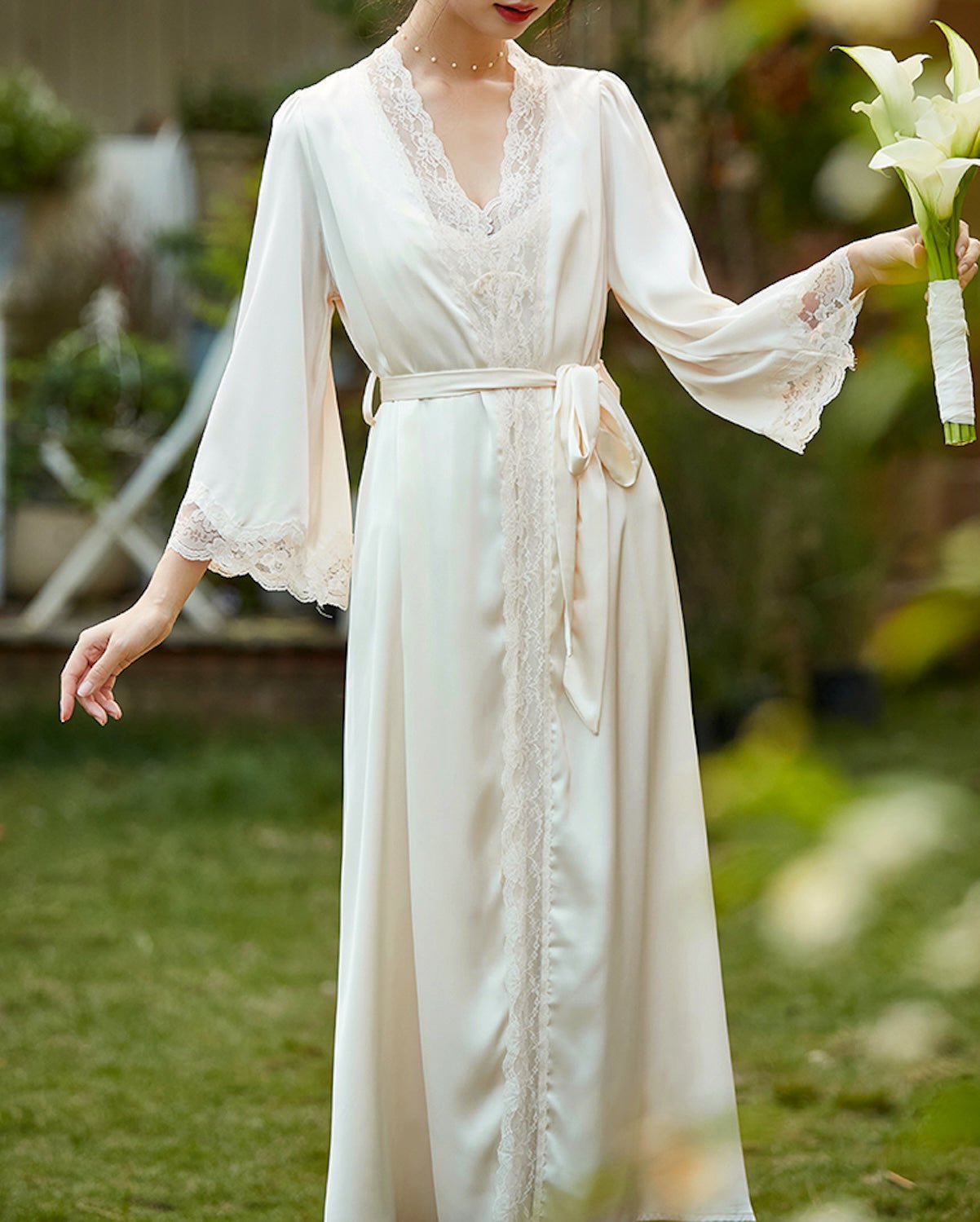 FEELITS PA08 Mulberry Silk Lace-Trim Robe – Elegant Beige Bridal & Loungewear - FEELITS