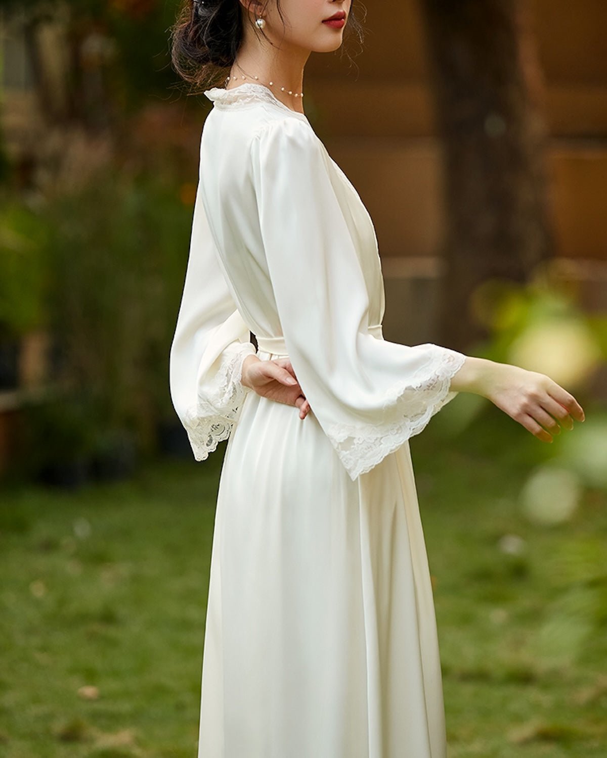 FEELITS 100% Mulberry Silk Lace - Trim Robe | Elegant Champagne Beige Bridal & Loungewear - FEELITS