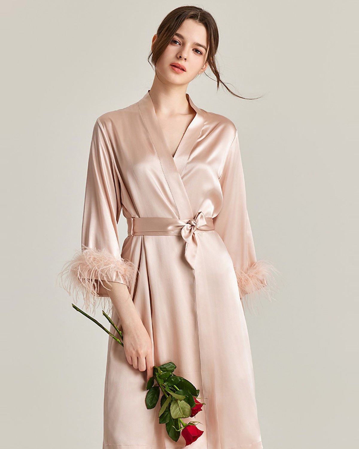FEELITS 100% Mulberry Silk Maxi Nightgown with Detachable Ostrich Feather Robe | Bridal & Luxury Loungewear - FEELITS