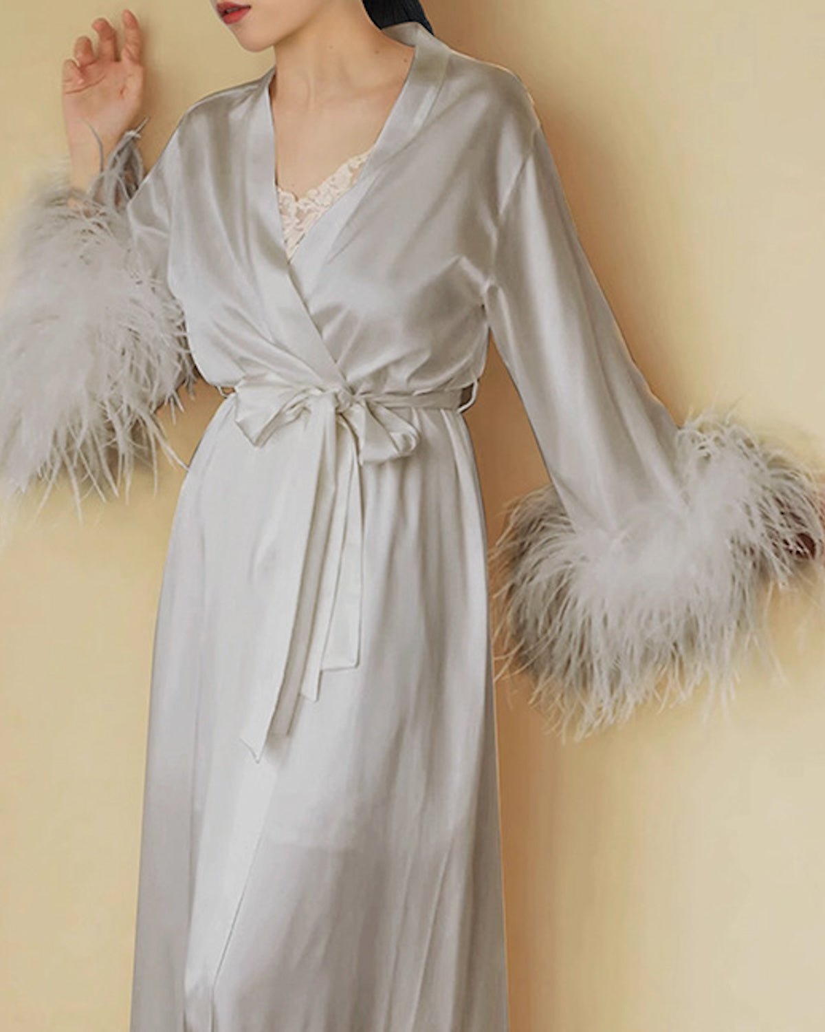 FEELITS 100% Mulberry Silk Maxi Nightgown with Detachable Ostrich Feather Robe | Bridal & Luxury Loungewear - FEELITS
