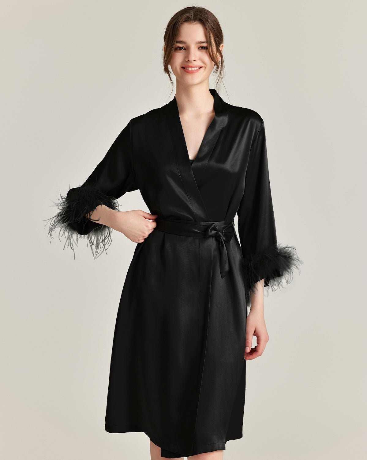 FEELITS 100% Mulberry Silk Maxi Nightgown with Detachable Ostrich Feather Robe | Bridal & Luxury Loungewear - FEELITS