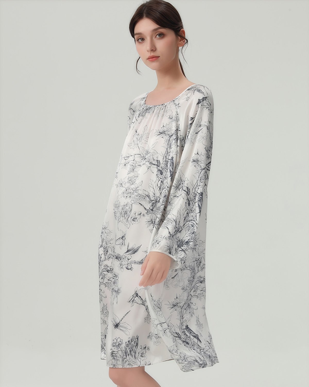 FEELITS 100% Mulberry Silk Nightgown - 19mm Silk with Unique Floral and Ink Wash Print Designs - Elegant and Comfortable Loungewear, Perfect for Self - Wear or Gift - Giving - FEELITS