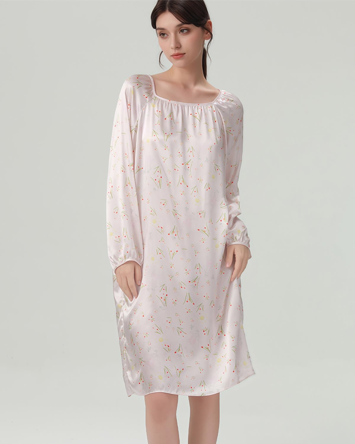 FEELITS 100% Mulberry Silk Nightgown - 19mm Silk with Unique Floral and Ink Wash Print Designs - Elegant and Comfortable Loungewear, Perfect for Self - Wear or Gift - Giving - FEELITS