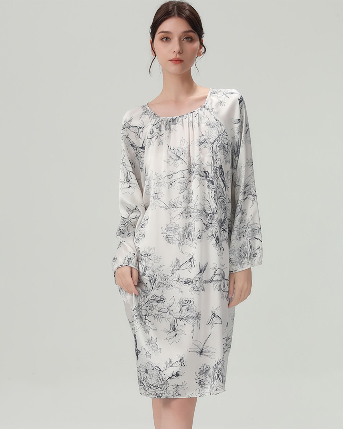FEELITS 100% Mulberry Silk Nightgown - 19mm Silk with Unique Floral and Ink Wash Print Designs - Elegant and Comfortable Loungewear, Perfect for Self - Wear or Gift - Giving - FEELITS