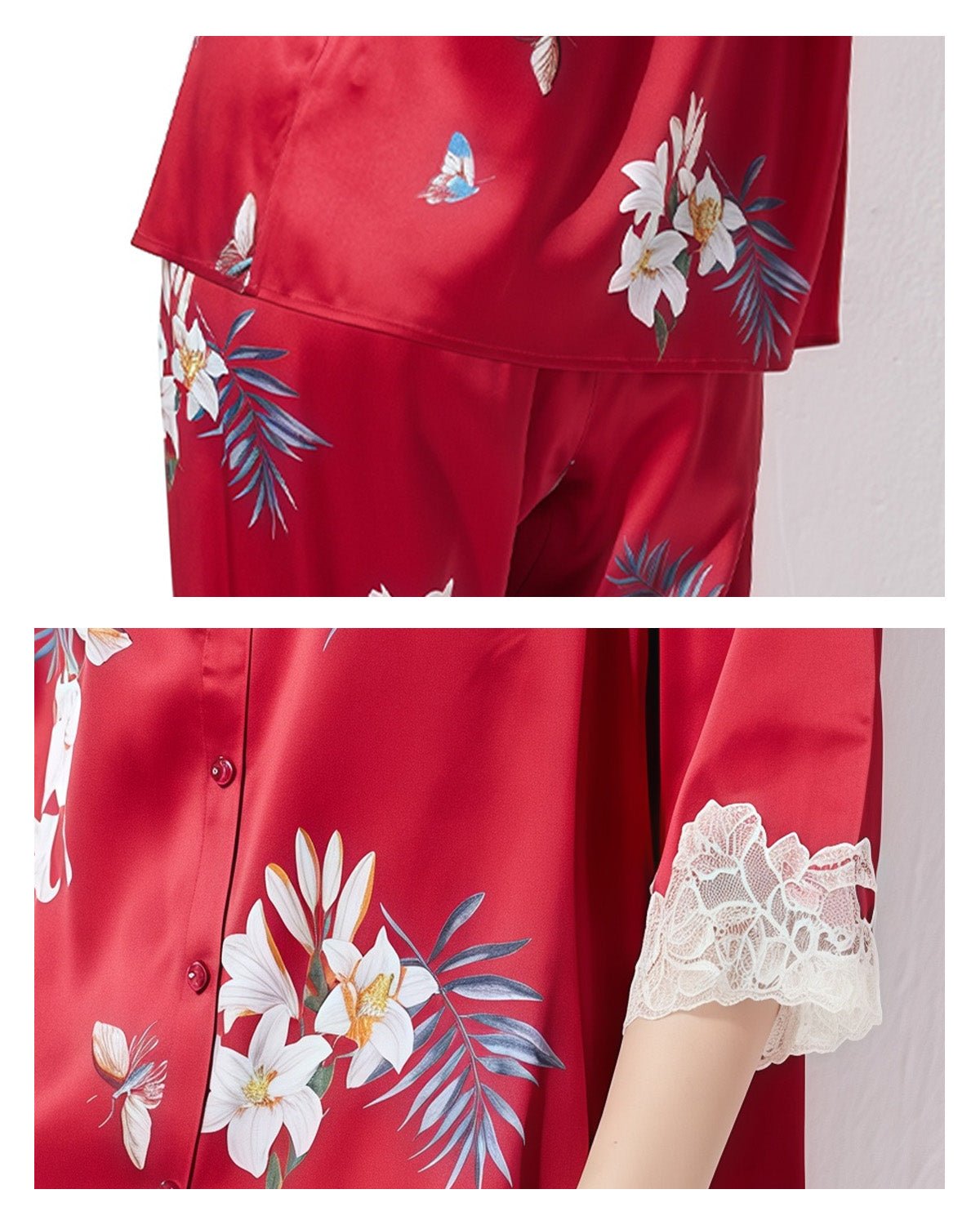 FEELITS 100% Mulberry Silk Pajama Set - 19 Momme Silk with Lace Trim & Floral Print, Long - Sleeve Top + Pants, Elegant Spring/Fall Loungewear - FEELITS