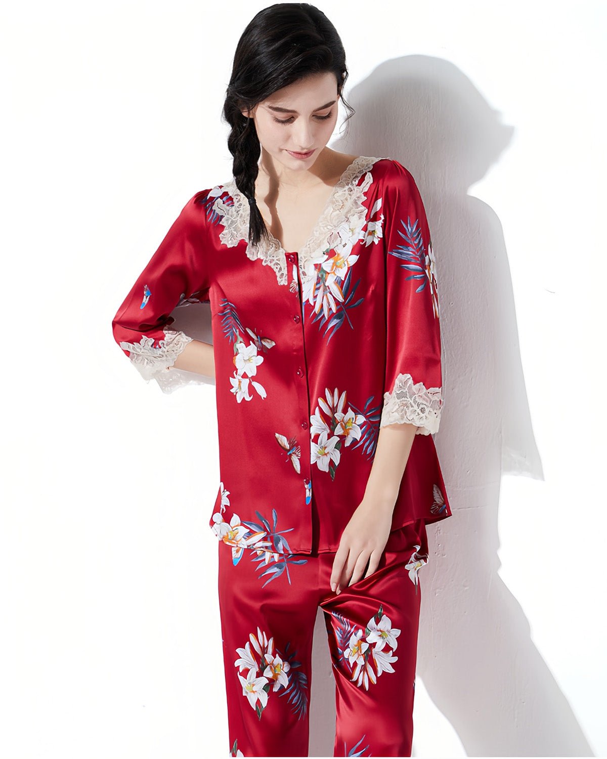 FEELITS 100% Mulberry Silk Pajama Set - 19 Momme Silk with Lace Trim & Floral Print, Long - Sleeve Top + Pants, Elegant Spring/Fall Loungewear - FEELITS