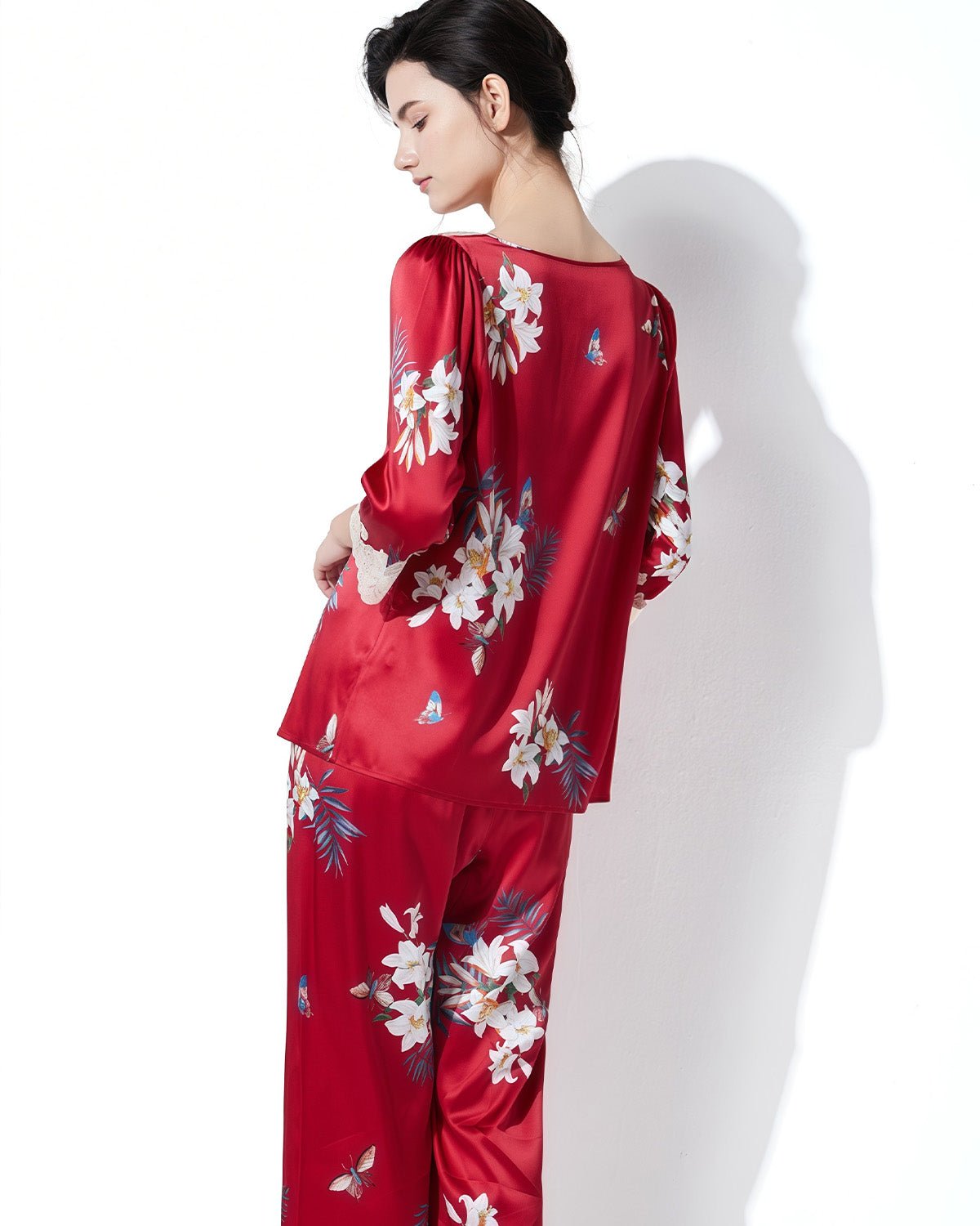 FEELITS 100% Mulberry Silk Pajama Set - 19 Momme Silk with Lace Trim & Floral Print, Long - Sleeve Top + Pants, Elegant Spring/Fall Loungewear - FEELITS