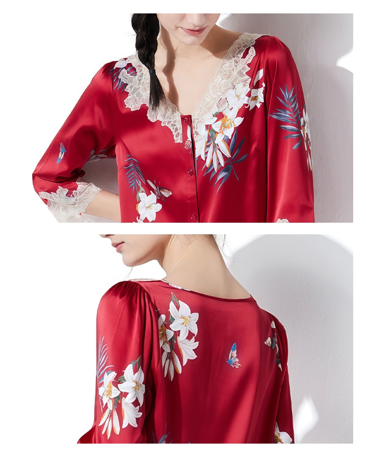 FEELITS 100% Mulberry Silk Pajama Set - 19 Momme Silk with Lace Trim & Floral Print, Long - Sleeve Top + Pants, Elegant Spring/Fall Loungewear - FEELITS