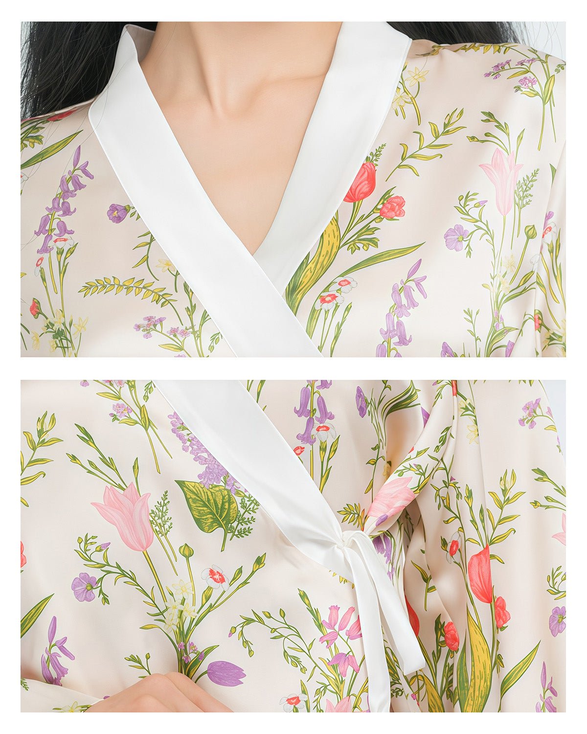 FEELITS 100% Mulberry Silk Pajama Set - Lavender Floral Design, Long Sleeve & Pants - Romantic & Natural, 19mm Silk - V - Neck, Luxurious & Comfortable Sleepwear - FEELITS