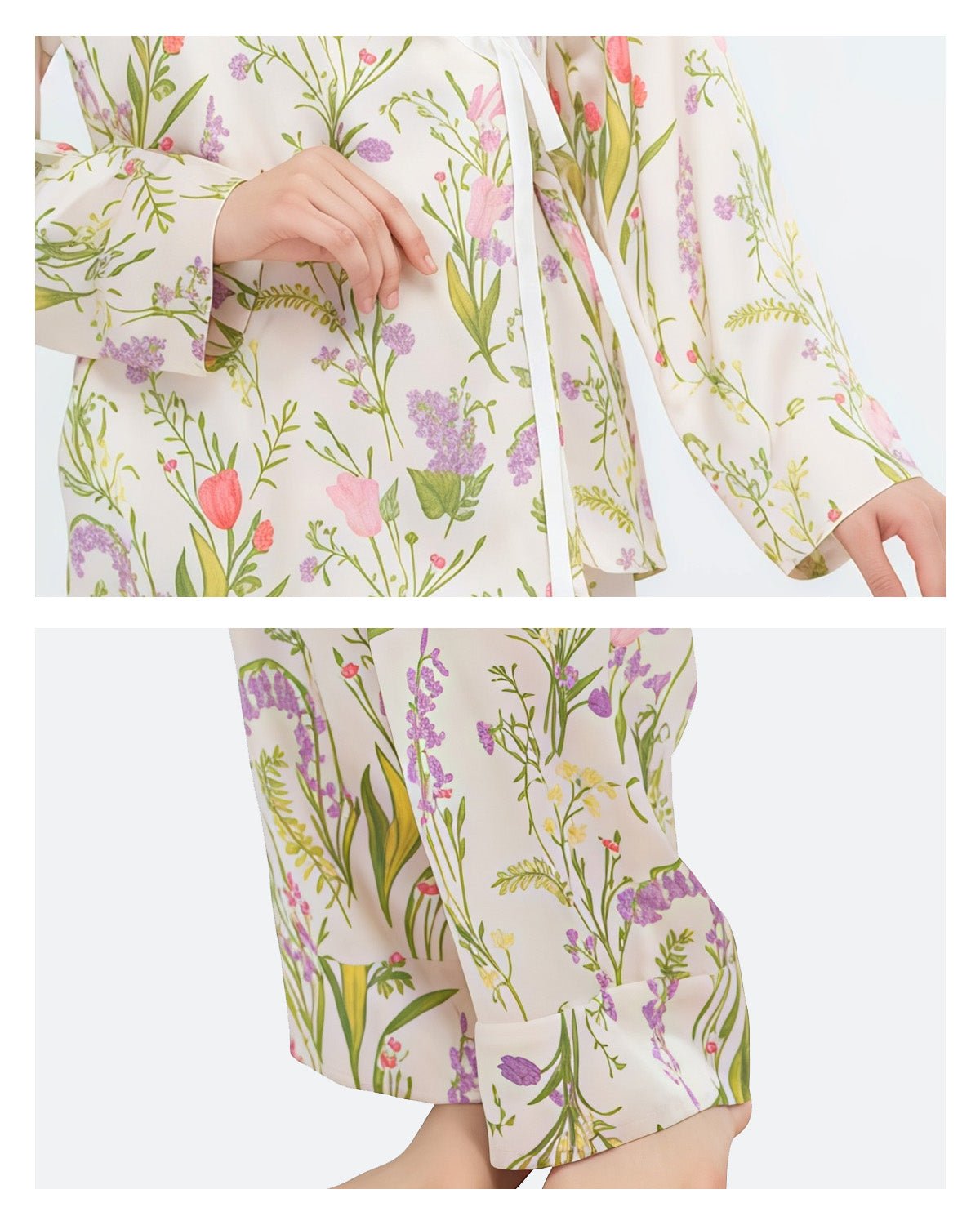 FEELITS 100% Mulberry Silk Pajama Set - Lavender Floral Design, Long Sleeve & Pants - Romantic & Natural, 19mm Silk - V - Neck, Luxurious & Comfortable Sleepwear - FEELITS