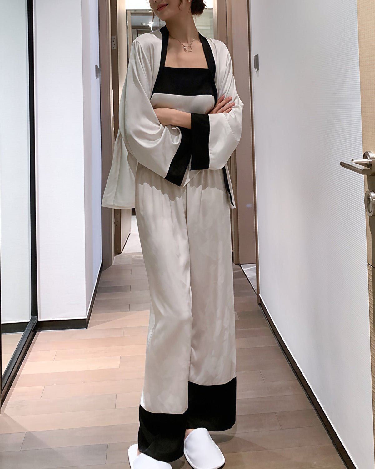 FEELITS 100% Mulberry Silk Pajama Set - Spring & Autumn Three - Piece Set - Camisole, Long Sleeve Top & Pants, Elegant Design, Silk Loungewear with Chest Padding - Hypoallergenic & Skin - Friendly - FEELITS