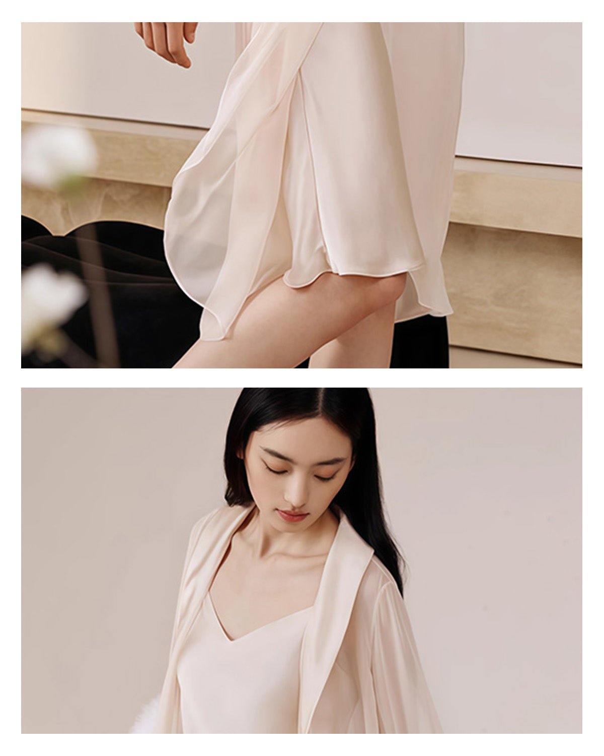 FEELITS 100% Mulberry Silk Robe - Luxurious and Lightweight with Detachable Ostrich Feather Details - Perfect for Parties, Brides, or Loungewear - Elegant Curved Water Sleeves - FEELITS