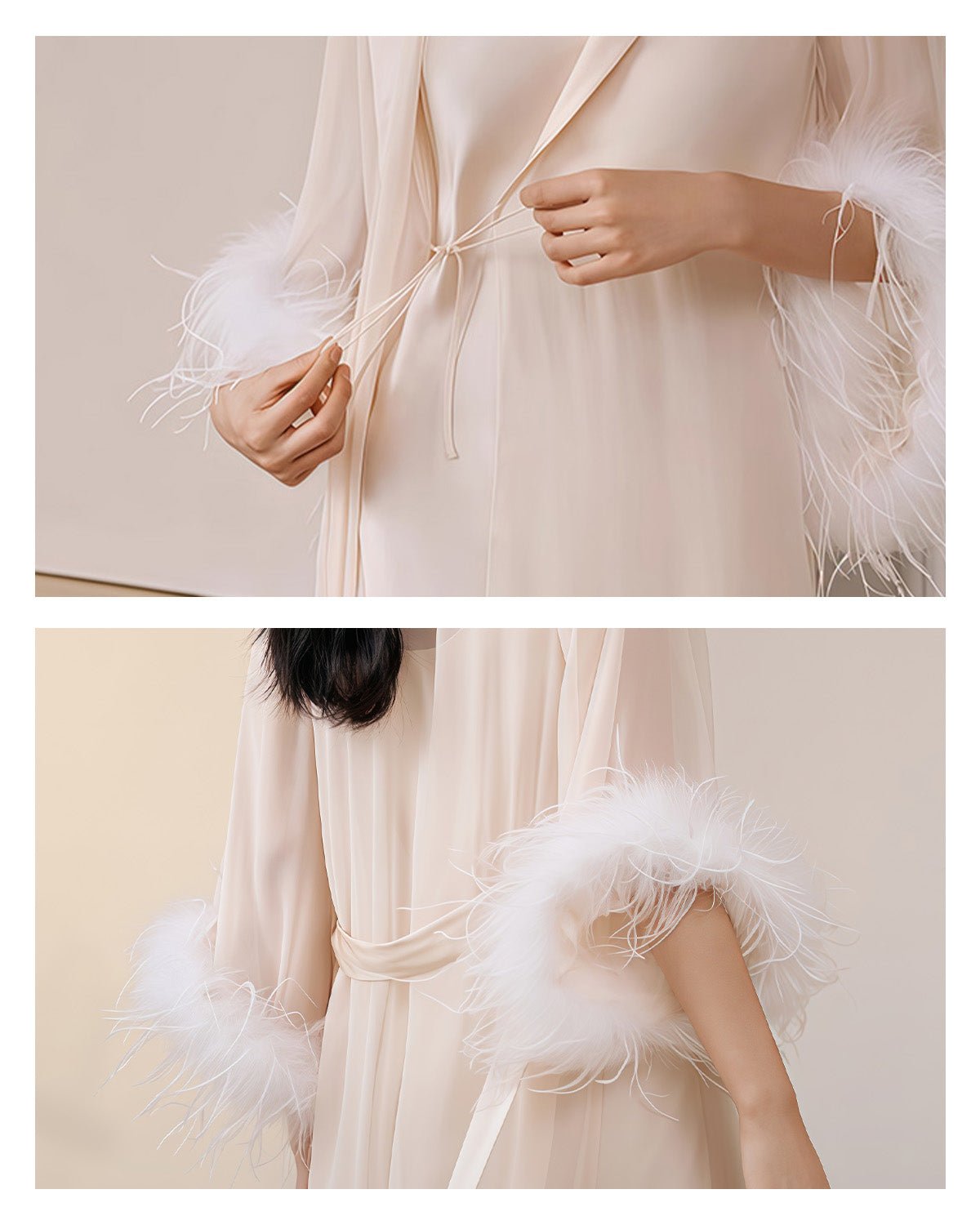 FEELITS 100% Mulberry Silk Robe - Luxurious and Lightweight with Detachable Ostrich Feather Details - Perfect for Parties, Brides, or Loungewear - Elegant Curved Water Sleeves - FEELITS