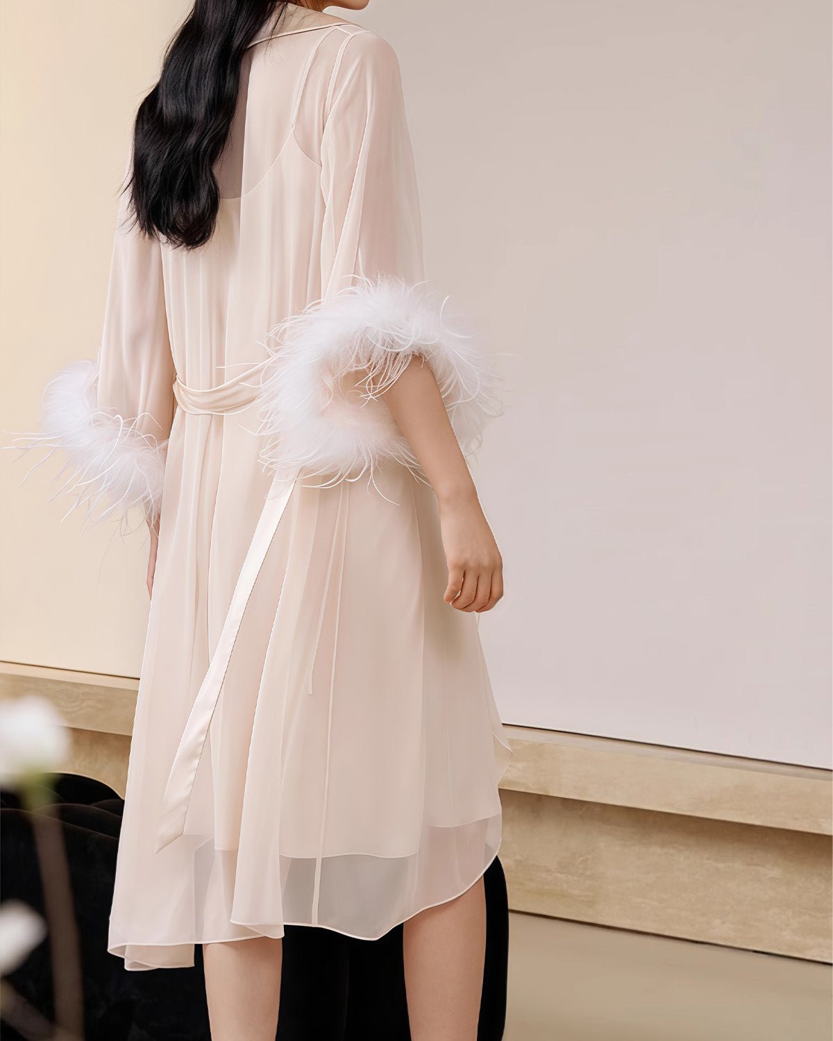 FEELITS 100% Mulberry Silk Robe - Luxurious and Lightweight with Detachable Ostrich Feather Details - Perfect for Parties, Brides, or Loungewear - Elegant Curved Water Sleeves - FEELITS