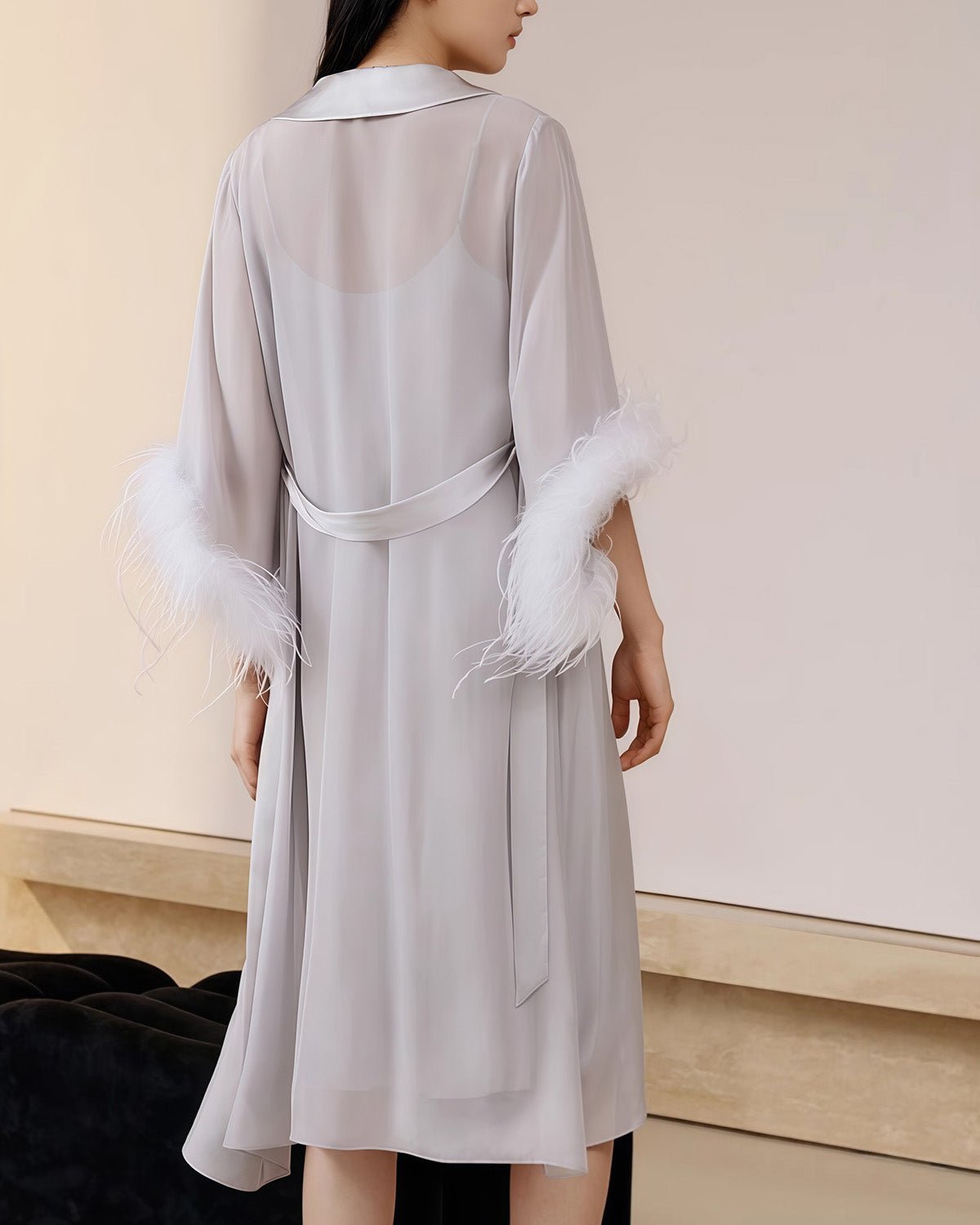 FEELITS 100% Mulberry Silk Robe - Luxurious and Lightweight with Detachable Ostrich Feather Details - Perfect for Parties, Brides, or Loungewear - Elegant Curved Water Sleeves - FEELITS
