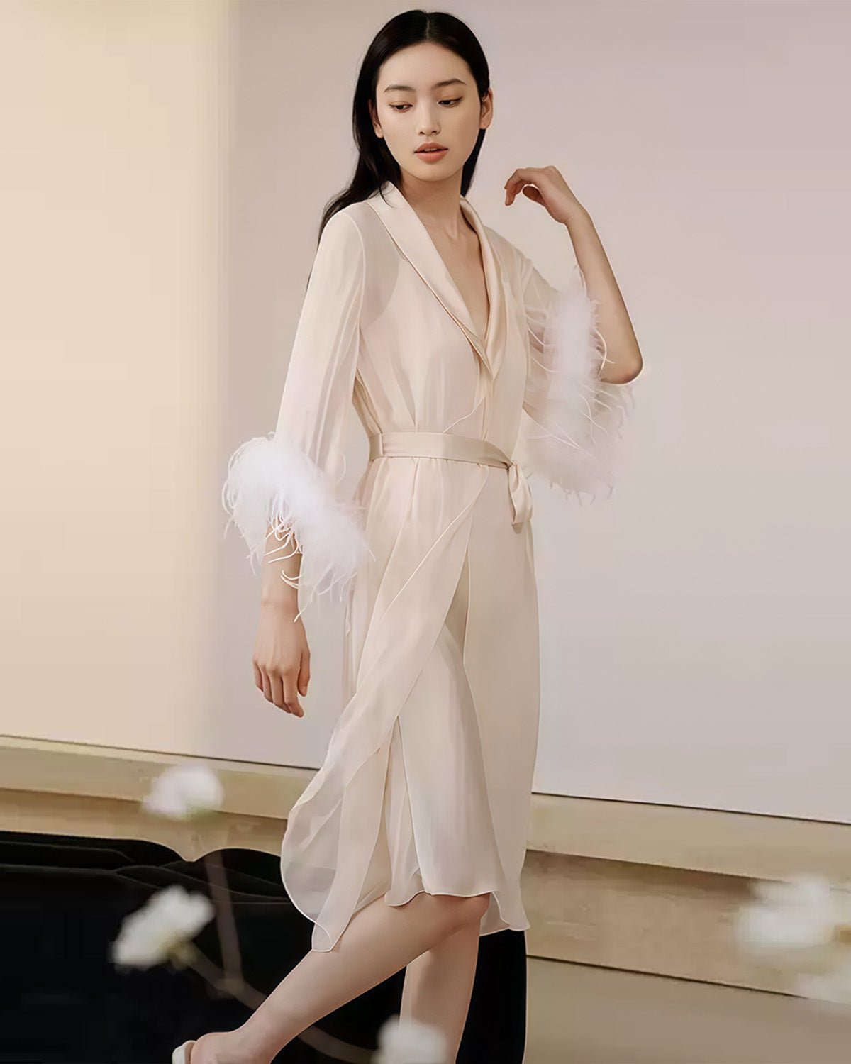 FEELITS 100% Mulberry Silk Robe - Luxurious and Lightweight with Detachable Ostrich Feather Details - Perfect for Parties, Brides, or Loungewear - Elegant Curved Water Sleeves - FEELITS