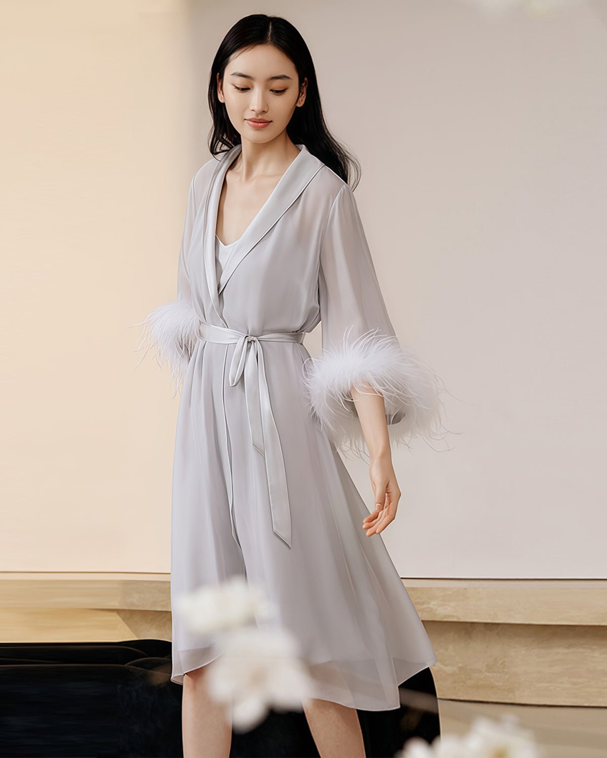 FEELITS 100% Mulberry Silk Robe - Luxurious and Lightweight with Detachable Ostrich Feather Details - Perfect for Parties, Brides, or Loungewear - Elegant Curved Water Sleeves - FEELITS