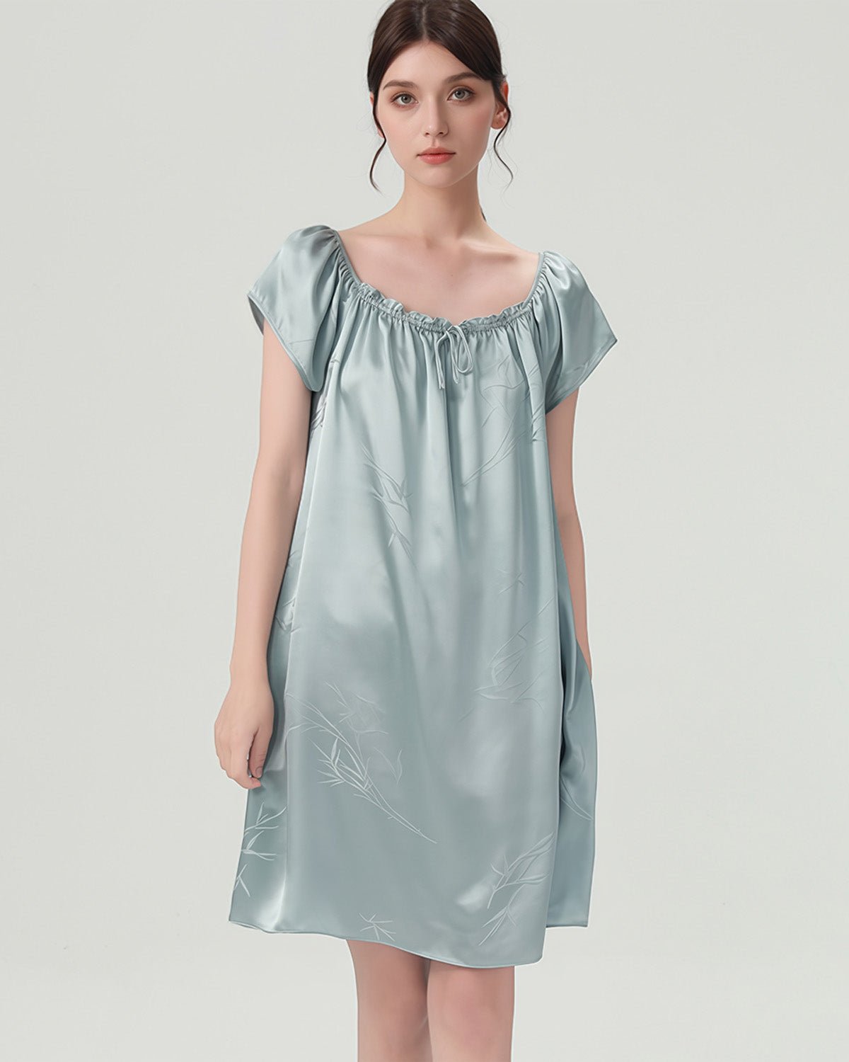 FEELITS PA22 Short Mulberry Silk Nightgown – 19 Momme Nature Print Sleep Dress Mint Green / XL