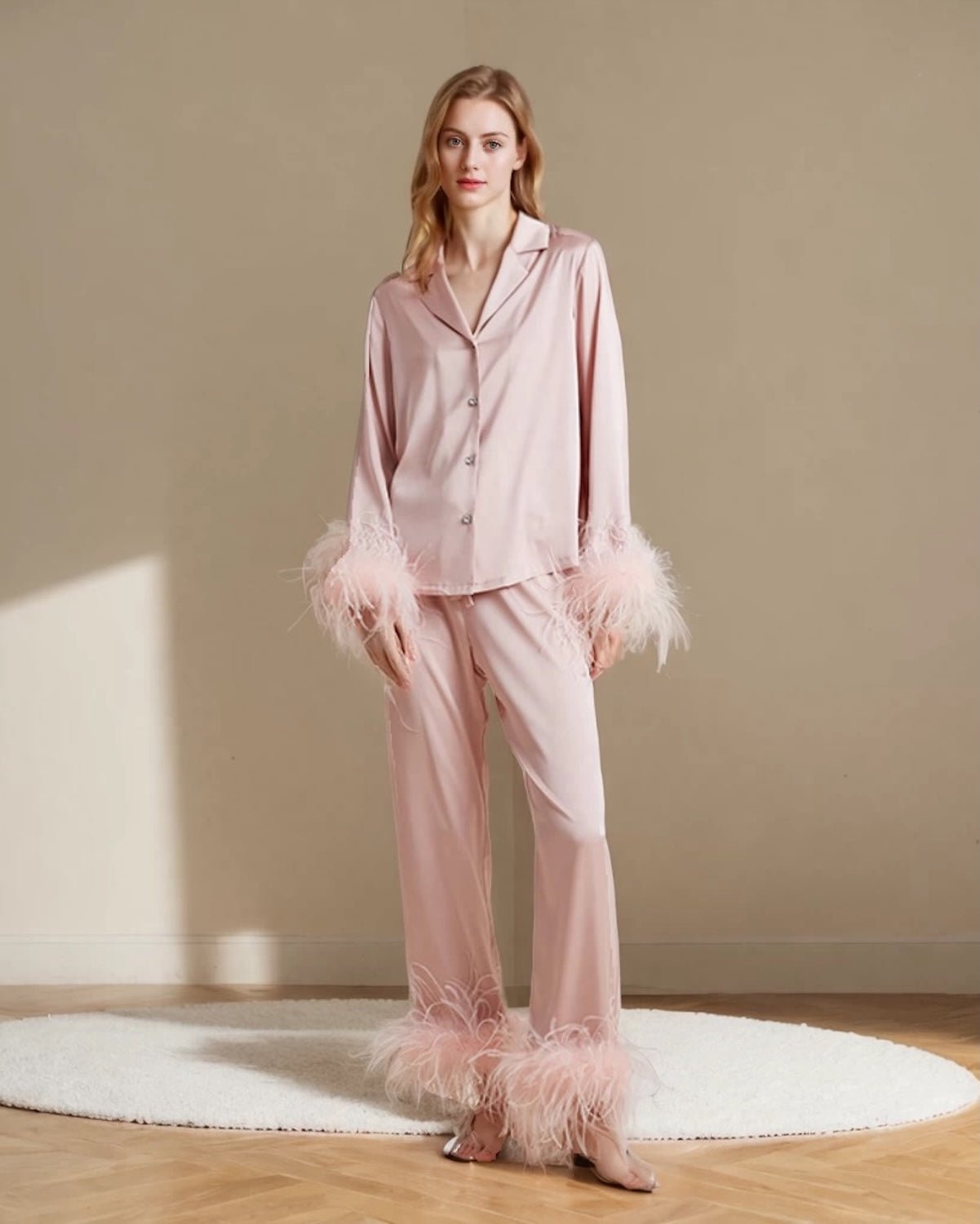 FEELITS 100% Silk Pajama Set with Detachable Ostrich Feather Trim | Bridal Party & Luxe Loungewear - FEELITS