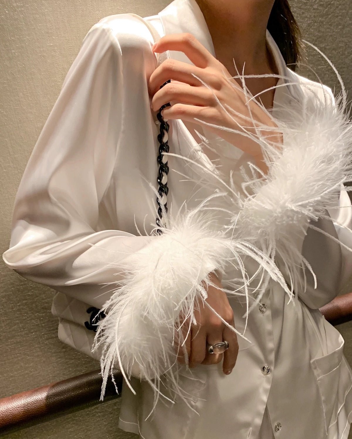 FEELITS 100% Silk Pajama Set with Detachable Ostrich Feather Trim | Bridal Party & Luxe Loungewear - FEELITS