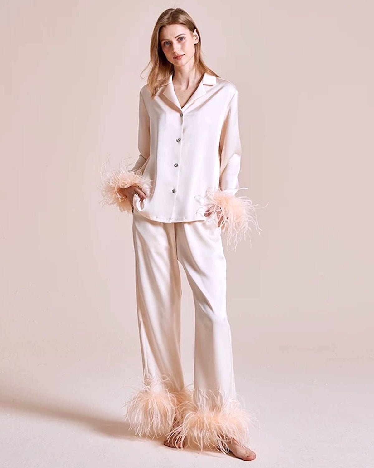 FEELITS 100% Silk Pajama Set with Detachable Ostrich Feather Trim | Bridal Party & Luxe Loungewear - FEELITS