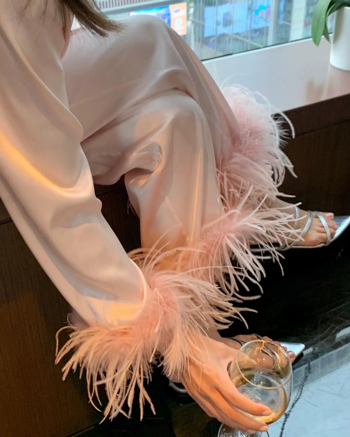 FEELITS 100% Silk Pajama Set with Detachable Ostrich Feather Trim | Bridal Party & Luxe Loungewear - FEELITS