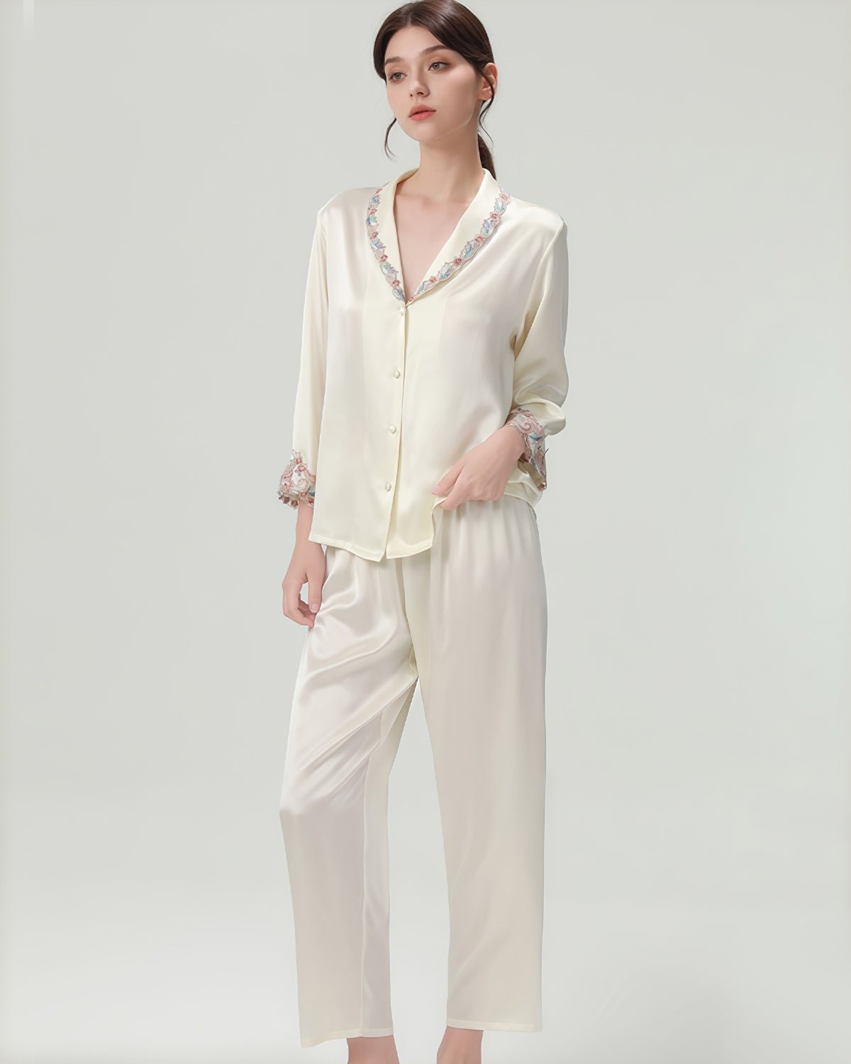 FEELITS 22mm 100% Mulberry Silk Pajama Set - 6A Grade, Long Sleeve & Pants with French Lace Design - V - Neck & Classic Lapel, Luxurious Loungewear - FEELITS