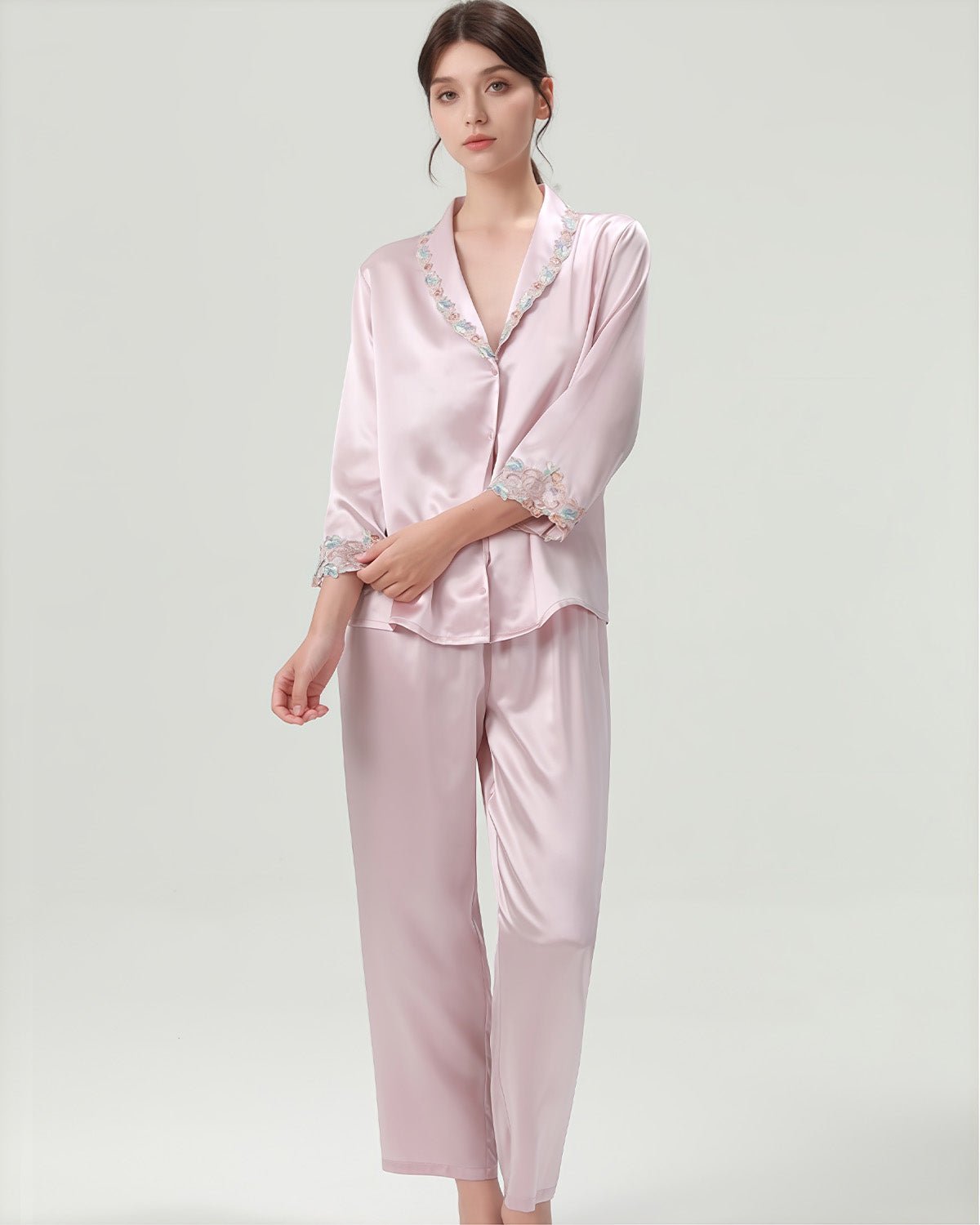 FEELITS 22mm 100% Mulberry Silk Pajama Set - 6A Grade, Long Sleeve & Pants with French Lace Design - V - Neck & Classic Lapel, Luxurious Loungewear - FEELITS