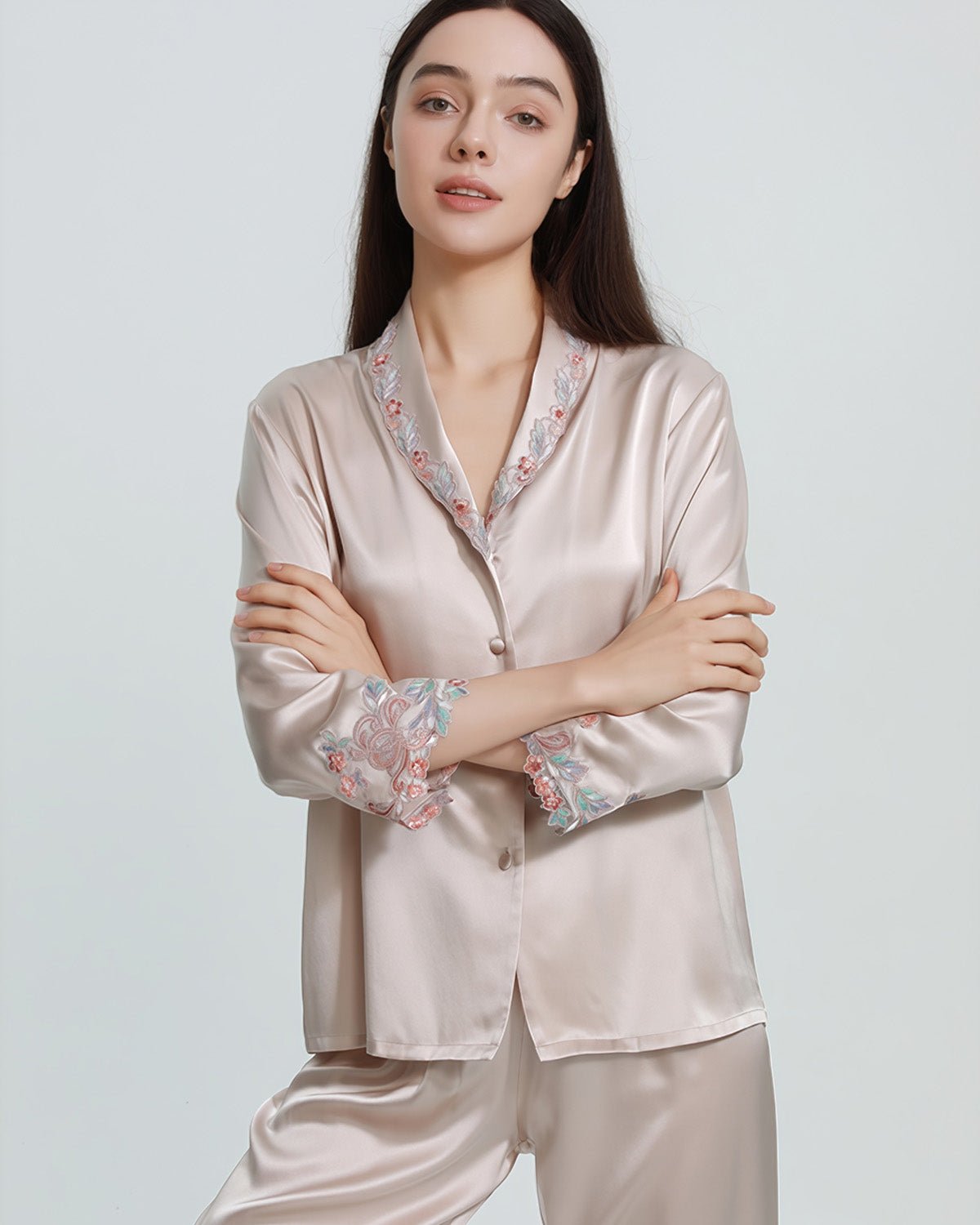 FEELITS 22mm 100% Mulberry Silk Pajama Set - 6A Grade, Long Sleeve & Pants with French Lace Design - V - Neck & Classic Lapel, Luxurious Loungewear - FEELITS