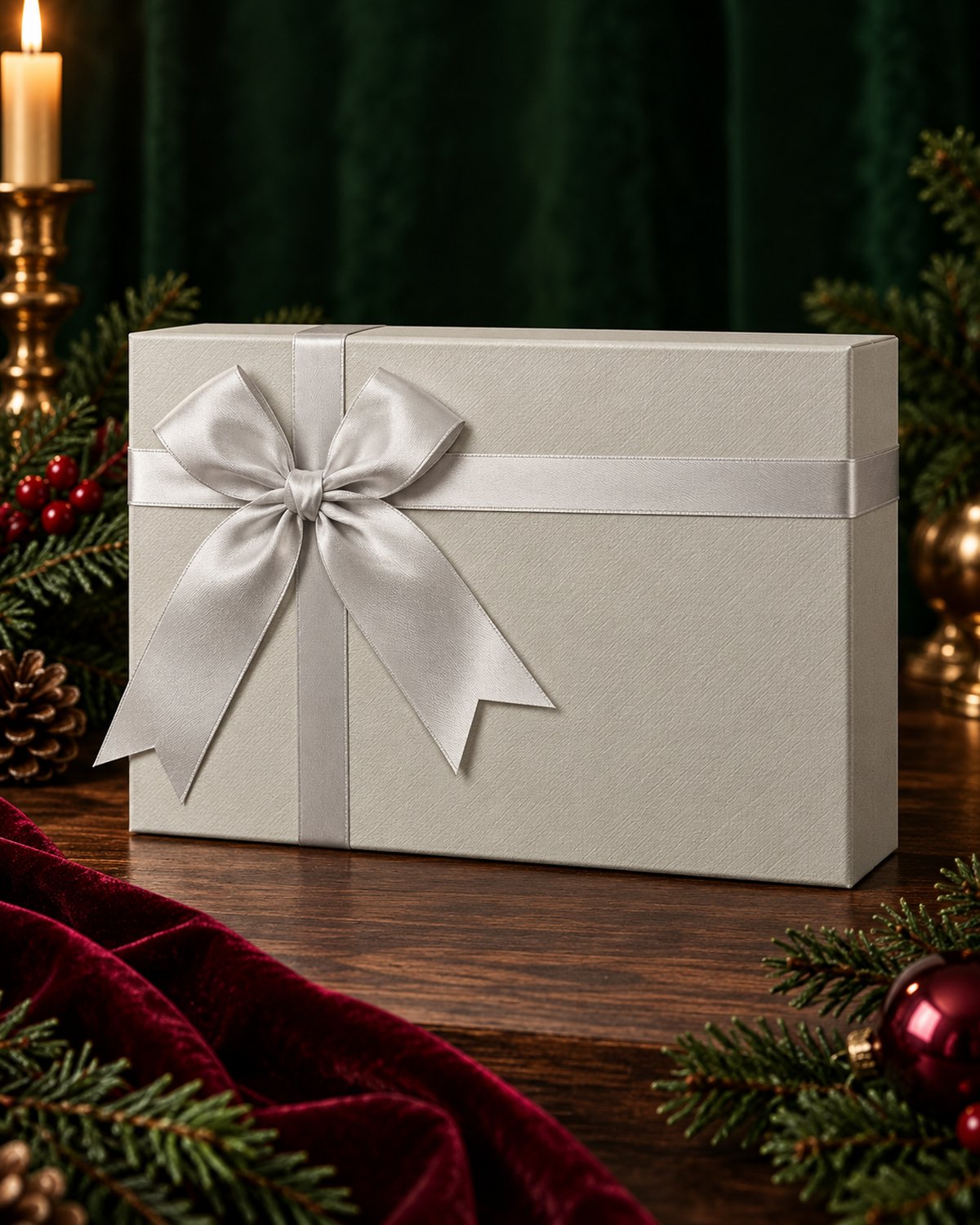 FEELITS AC05 silver gray textured gift box with matching satin bow, front view