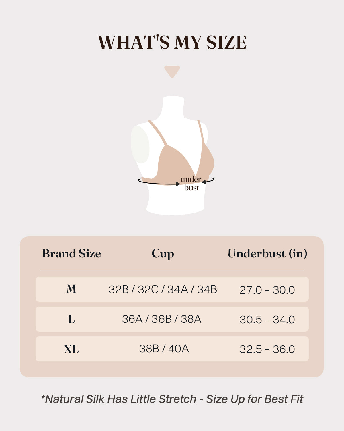 FEELITS BRA19 mulberry silk nursing bra - M L XL size chart with cup and underbust measurements