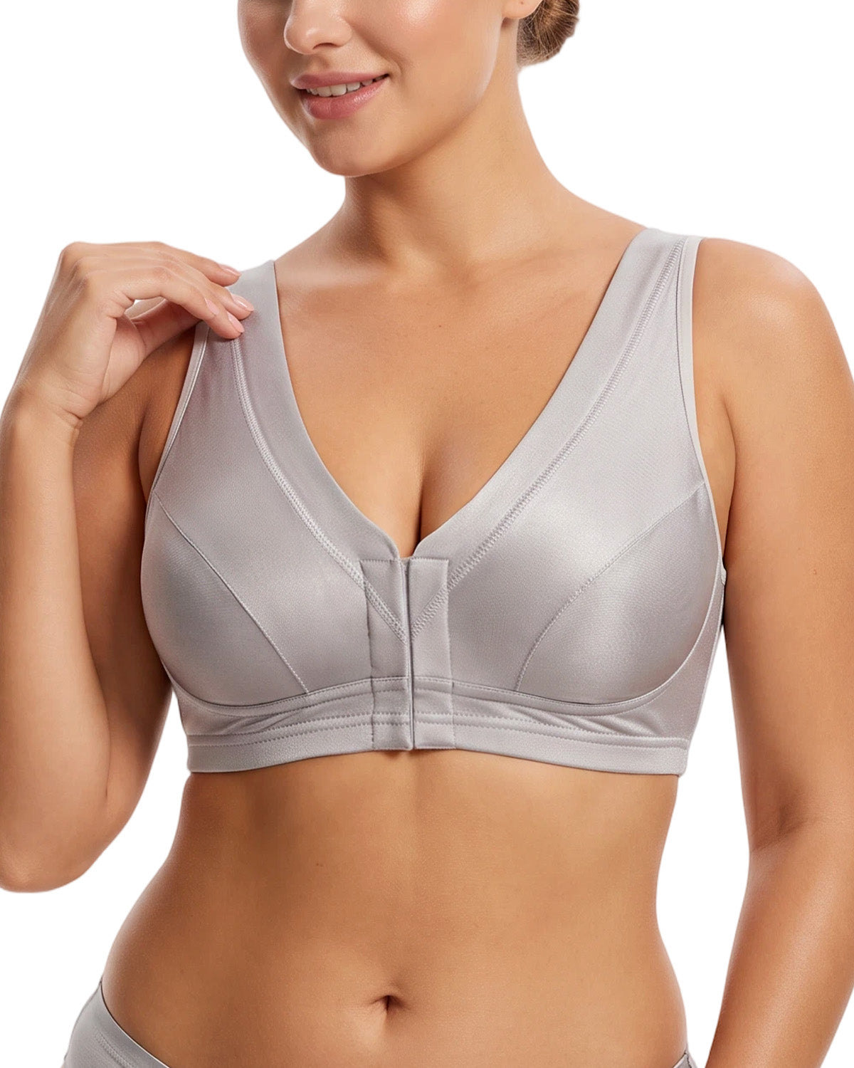 FEELITS BRA19 silver gray mulberry silk nursing bra - front model view #Color_Silver Gray