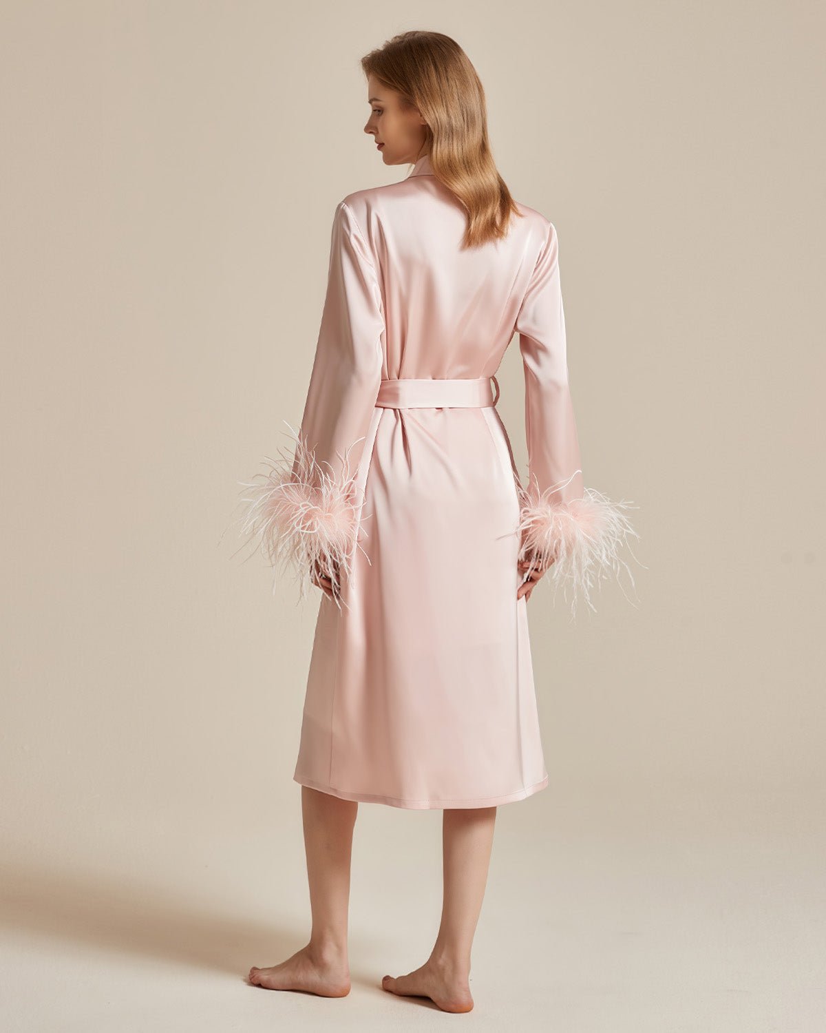 FEELITS French - Inspired 100% Mulberry Silk Long Robe - Detachable Feather Detail - Wedding Morning Robe for Brides - Luxurious Silk, Perfect for Bridal Loungewear - FEELITS