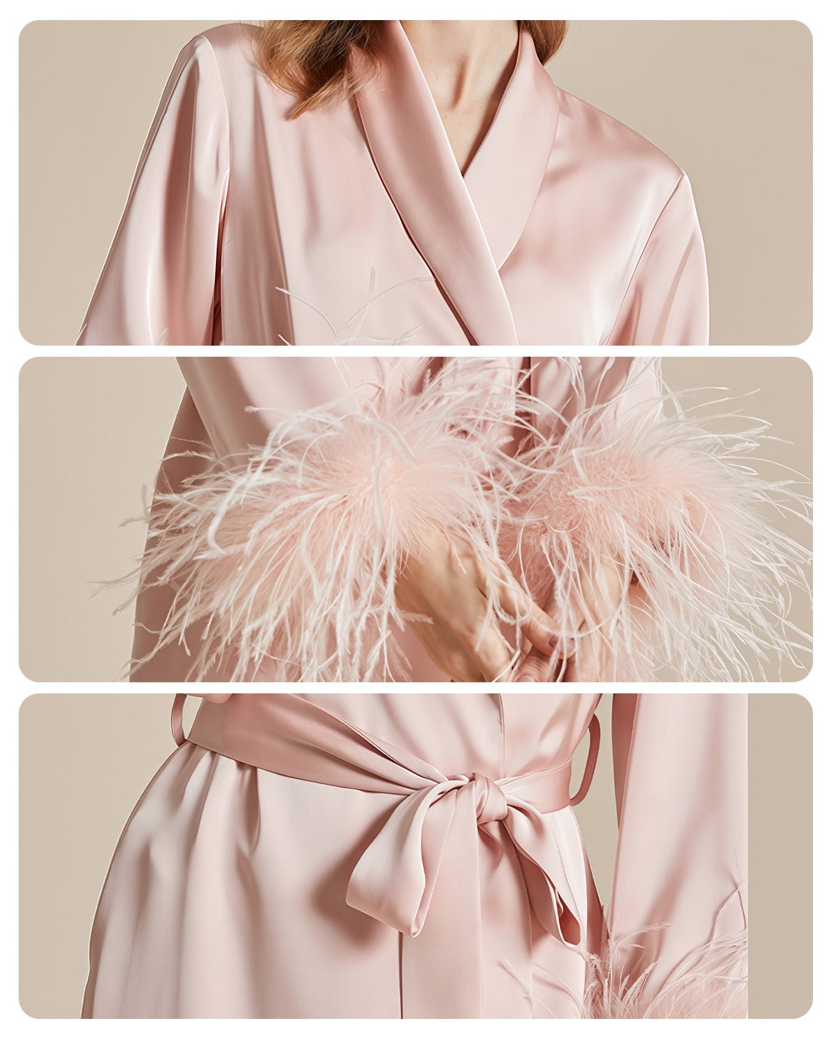 FEELITS French - Inspired 100% Mulberry Silk Long Robe - Detachable Feather Detail - Wedding Morning Robe for Brides - Luxurious Silk, Perfect for Bridal Loungewear - FEELITS