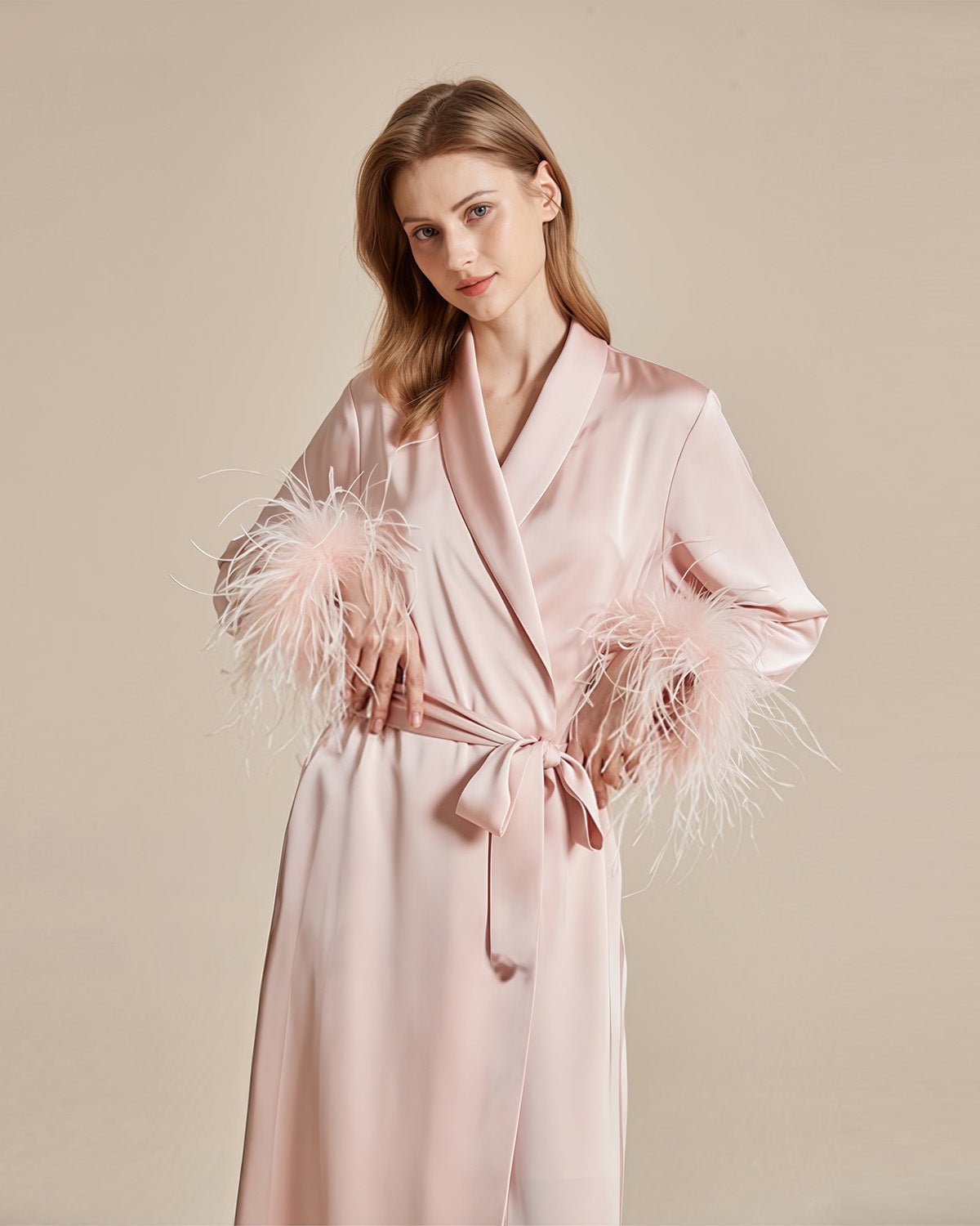 FEELITS French - Inspired 100% Mulberry Silk Long Robe - Detachable Feather Detail - Wedding Morning Robe for Brides - Luxurious Silk, Perfect for Bridal Loungewear - FEELITS