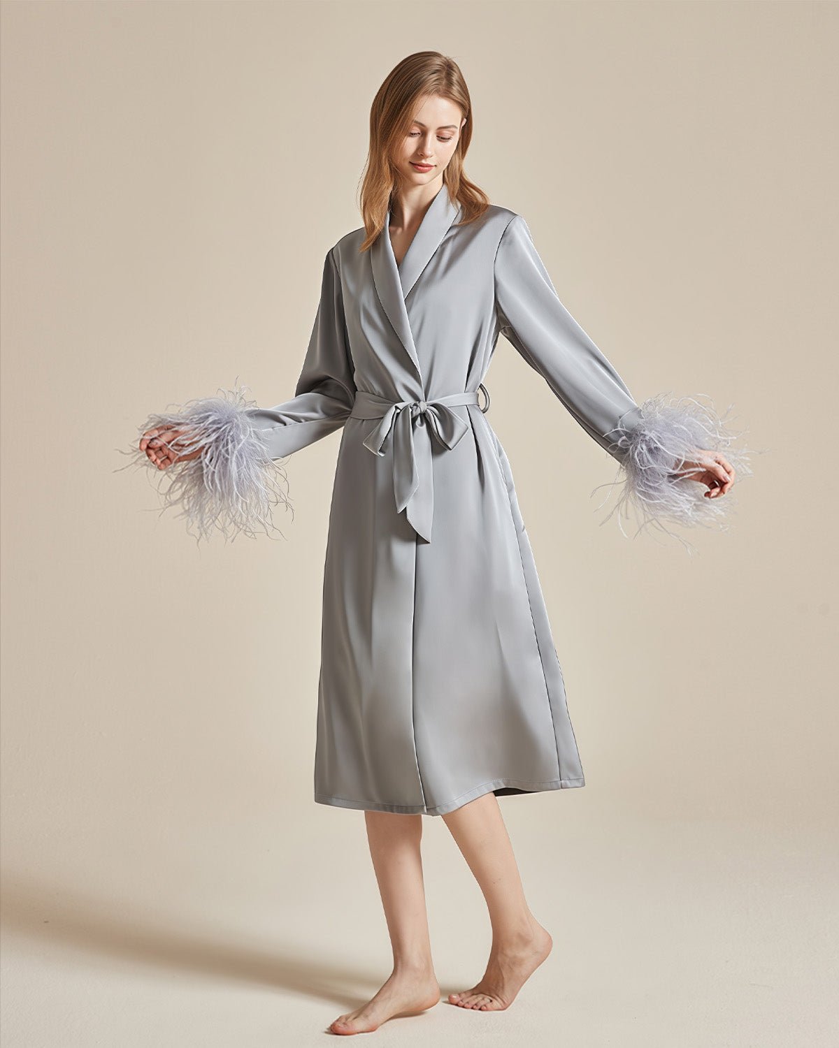 FEELITS French - Inspired 100% Mulberry Silk Long Robe - Detachable Feather Detail - Wedding Morning Robe for Brides - Luxurious Silk, Perfect for Bridal Loungewear - FEELITS