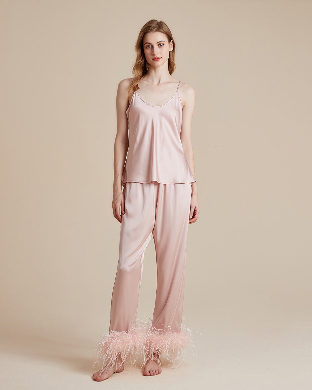 FEELITS French - Inspired 100% Mulberry Silk Pajama Set - Includes Camisole, Sleep Pants, and Short Robe - Detachable Feathers & Waist Tie Design - V - Neck - FEELITS