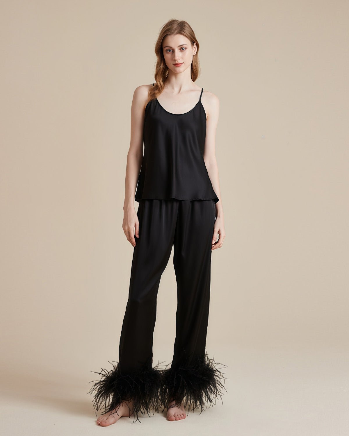 FEELITS French - Inspired 100% Mulberry Silk Pajama Set - Includes Camisole, Sleep Pants, and Short Robe - Detachable Feathers & Waist Tie Design - V - Neck - FEELITS