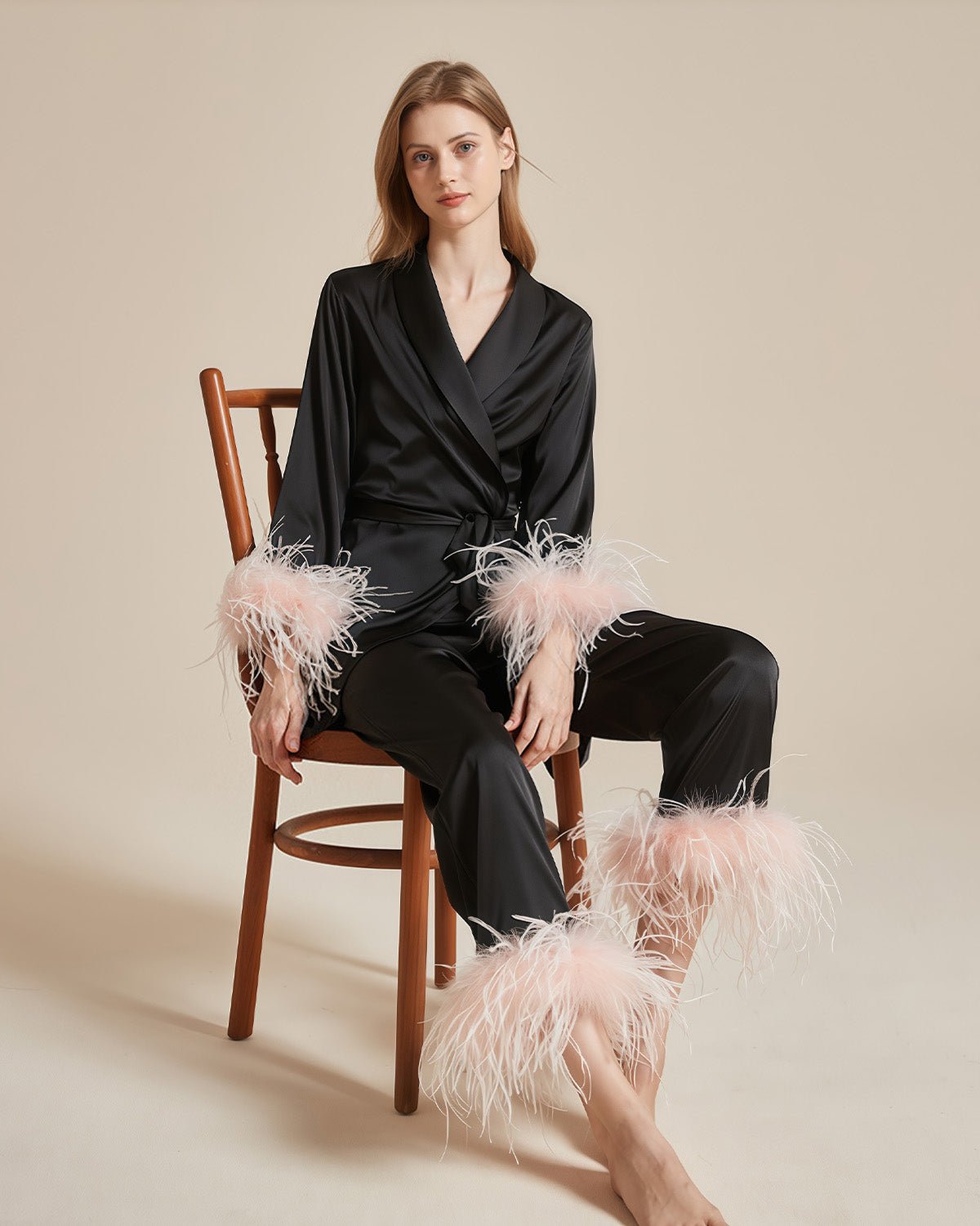 FEELITS French - Inspired 100% Mulberry Silk Pajama Set - Includes Camisole, Sleep Pants, and Short Robe - Detachable Feathers & Waist Tie Design - V - Neck - FEELITS