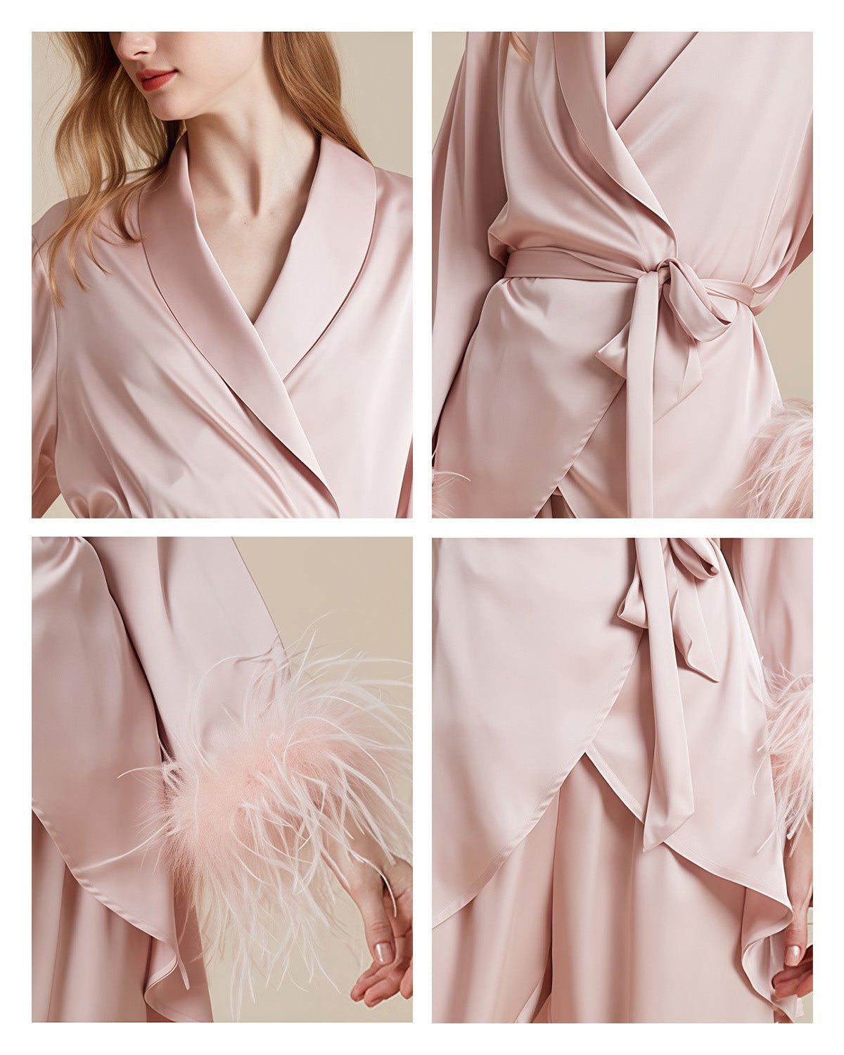 FEELITS French - Inspired 100% Mulberry Silk Pajama Set - Includes Camisole, Sleep Pants, and Short Robe - Detachable Feathers & Waist Tie Design - V - Neck - FEELITS