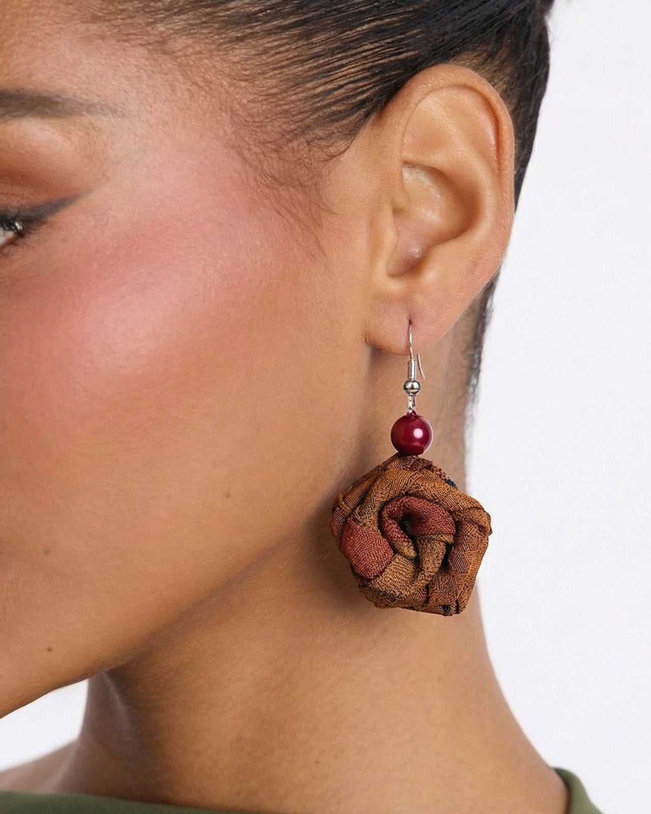 Feelits Handcrafted Gambiered Canton Silk Rose Earrings - FEELITS